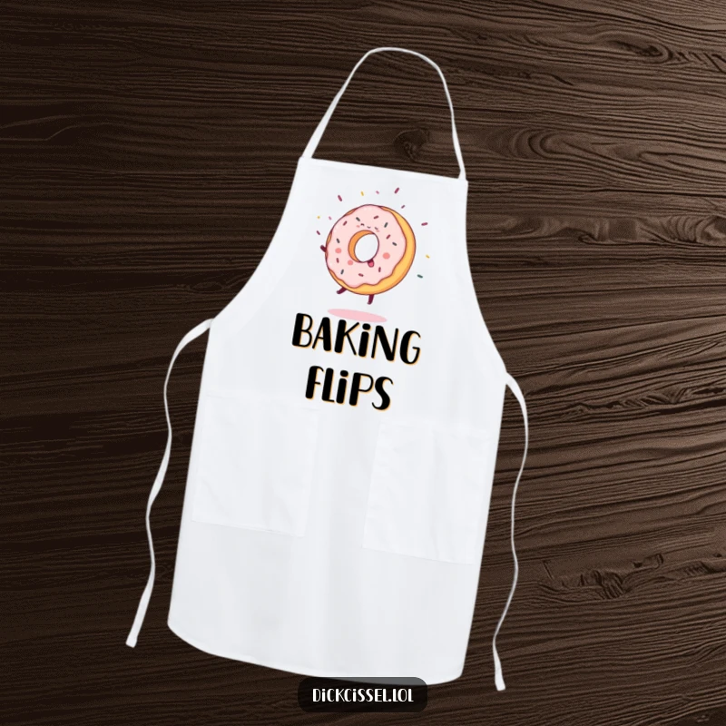 Funny Apron with a sweet donut joyfully doing a cartwheel, surrounded by flying sprinkles, perfect for bakers.