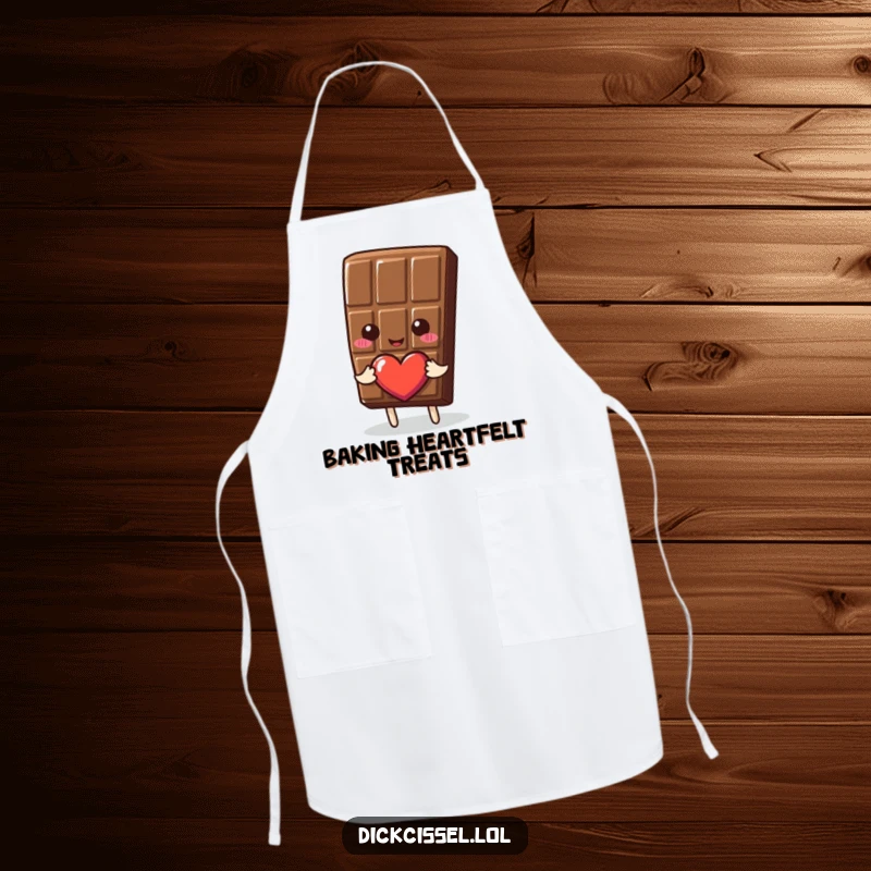 Funny Apron decorated with a cheerful chocolate piece offering a heart, ideal for adding sweetness to cooking and baking.