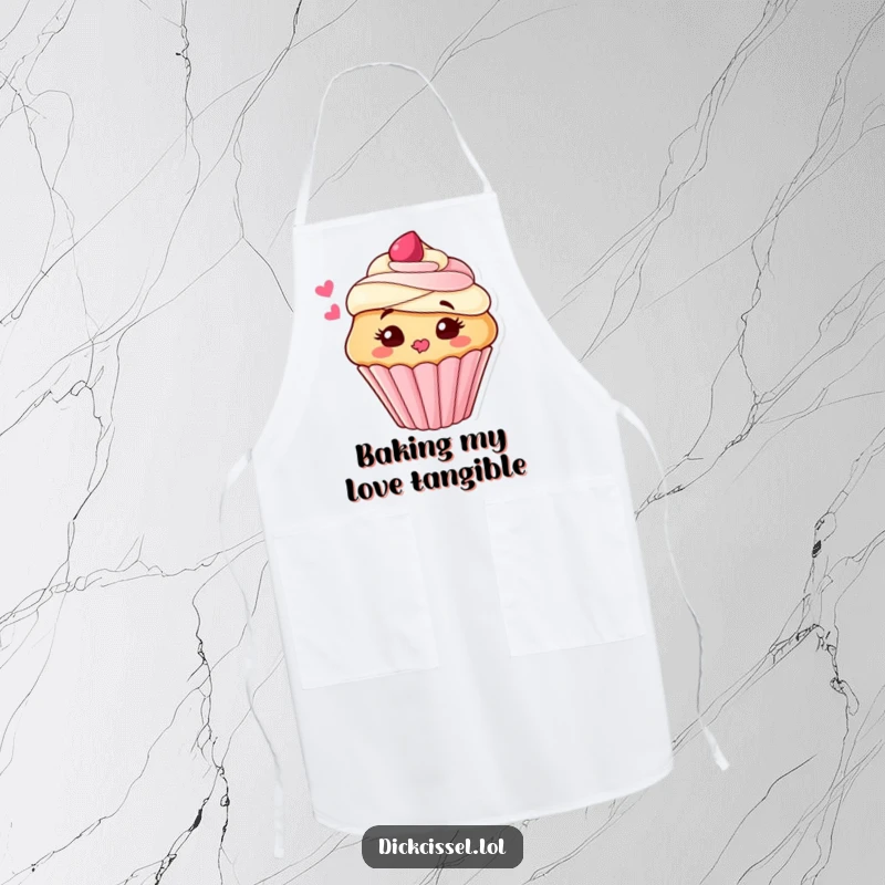 Funny Apron featuring a delightful cupcake character blowing a kiss of frosting, perfect for adding humor to cooking and baking.
