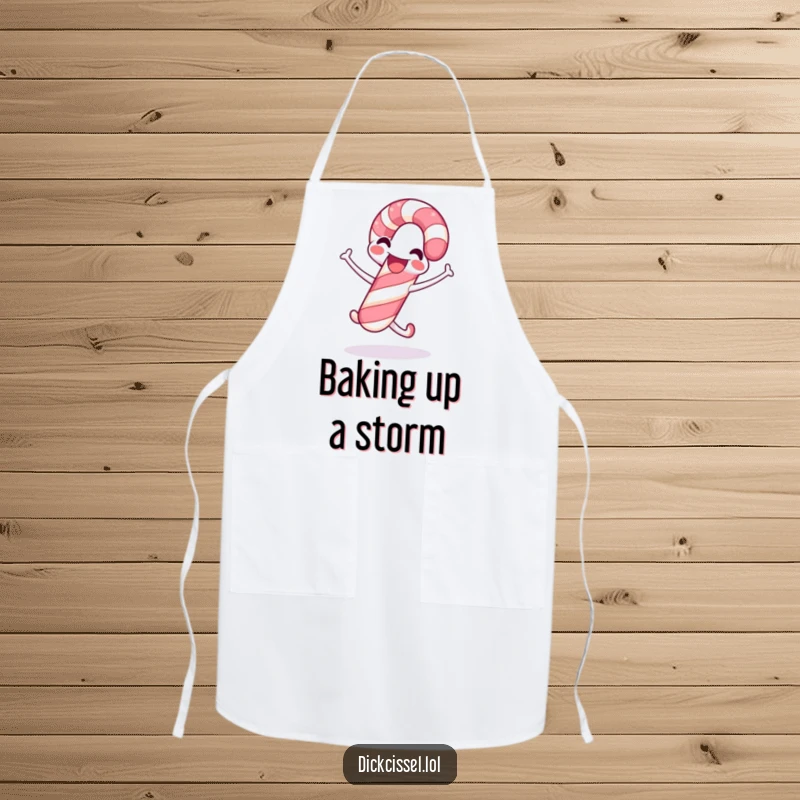 Funny candy cane apron showing a smiling candy cane mid-jump, perfect for adding festive cheer to holiday cooking and baking activities.