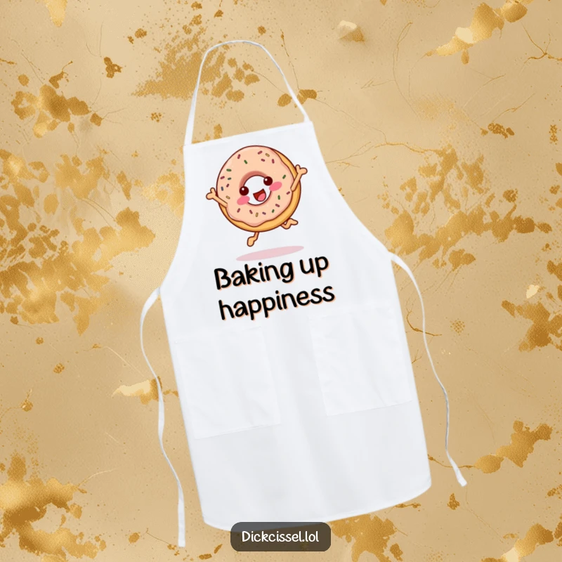 Funny cheerful donut apron showing a happy donut mid-leap with sprinkles, perfect for a joyful baker.