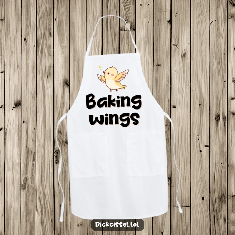 Funny apron depicting a tiny bird joyfully flying, wings spread wide, ready to sprinkle some culinary magic. Kitchen accessory.