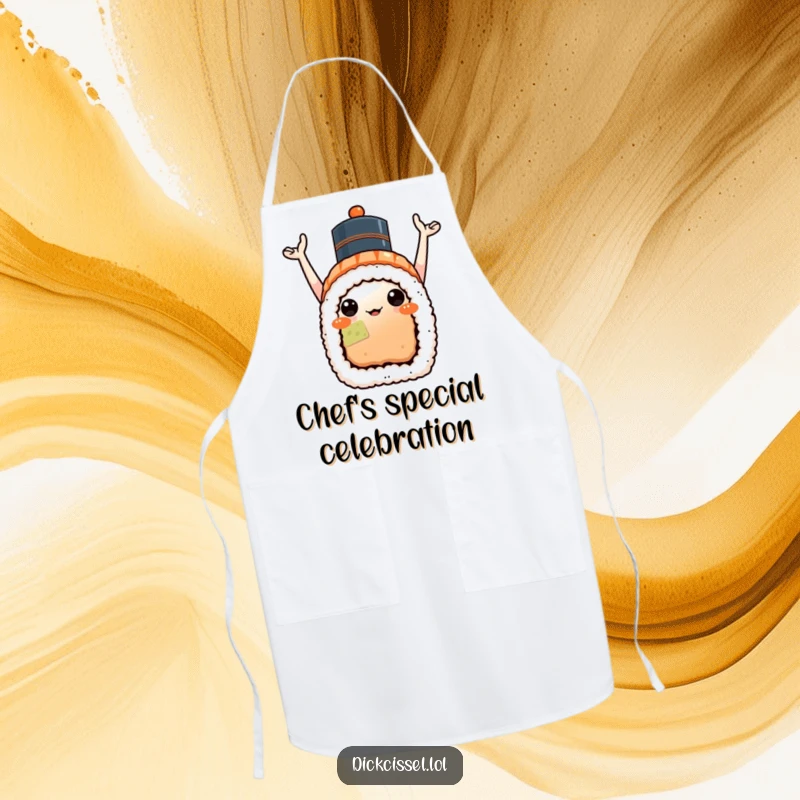 Funny sushi celebration apron with a sushi roll wearing a hat, arms raised in a celebratory pose, great for cooking.