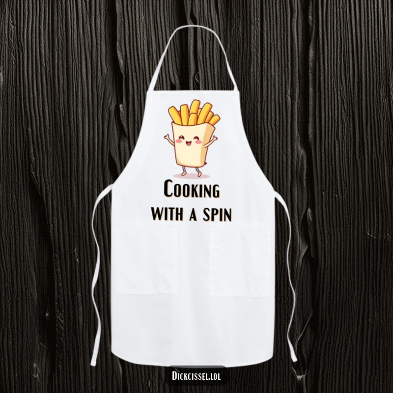 Funny cooking apron with a cheerful french fry character doing a grand twirl, perfect for kitchen fun and culinary flair, a delightful funny gift.