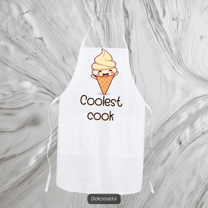 Funny apron with a gleeful ice cream cone doing a happy spin, ideal for kitchen fun and style.
