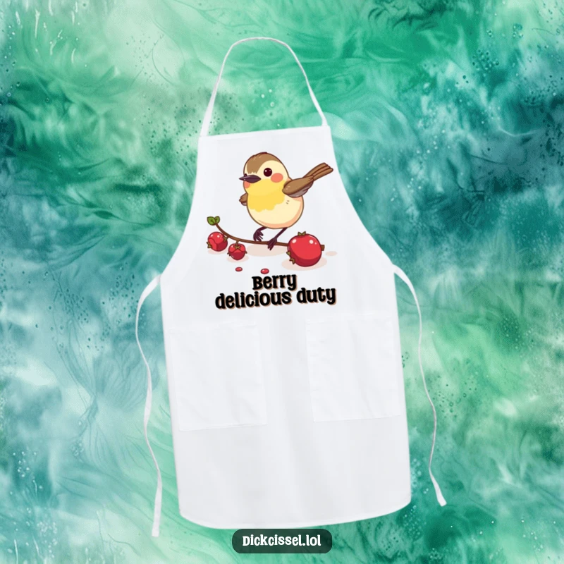 Funny Dickcissel Bird Apron: An energetic dickcissel bird focused on pecking a berry, bringing humor to meal prep.
