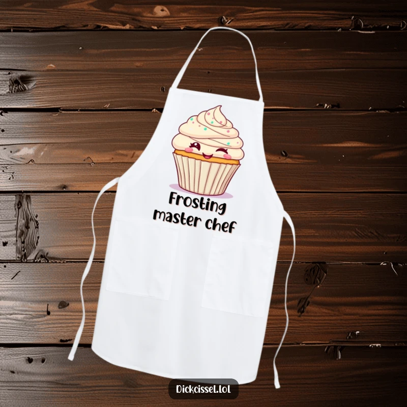 Funny cupcake apron showing a frosted cupcake character giving a delightful wink, ideal for adding sweet charm to kitchen activities.