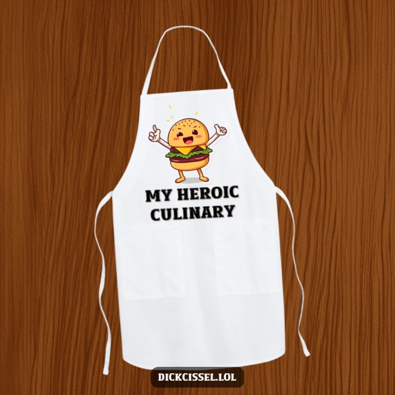 Funny cooking apron with a beaming burger character in a heroic pose, perfect for chefs and kitchen adventurers, a delightful funny gift.