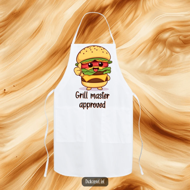 Funny Apron showcasing a happy burger character giving a proud thumbs up, perfect for adding humor to cooking and grilling.