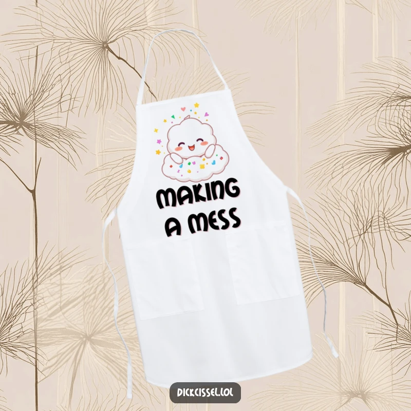 Funny apron design with a cheerful cloud character joyfully showering colorful stickers, ideal for kitchen or craft use.
