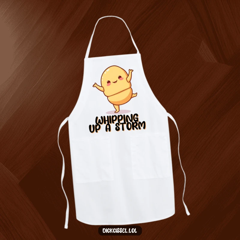 Funny croissant pirouette apron showing a playful croissant performing a jaunty pirouette, perfect for a stylish cook.