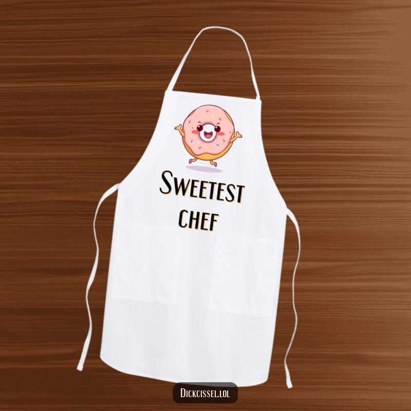 Funny apron with a cheerful doughnut character doing a happy jig, ideal for kitchen fun and style.