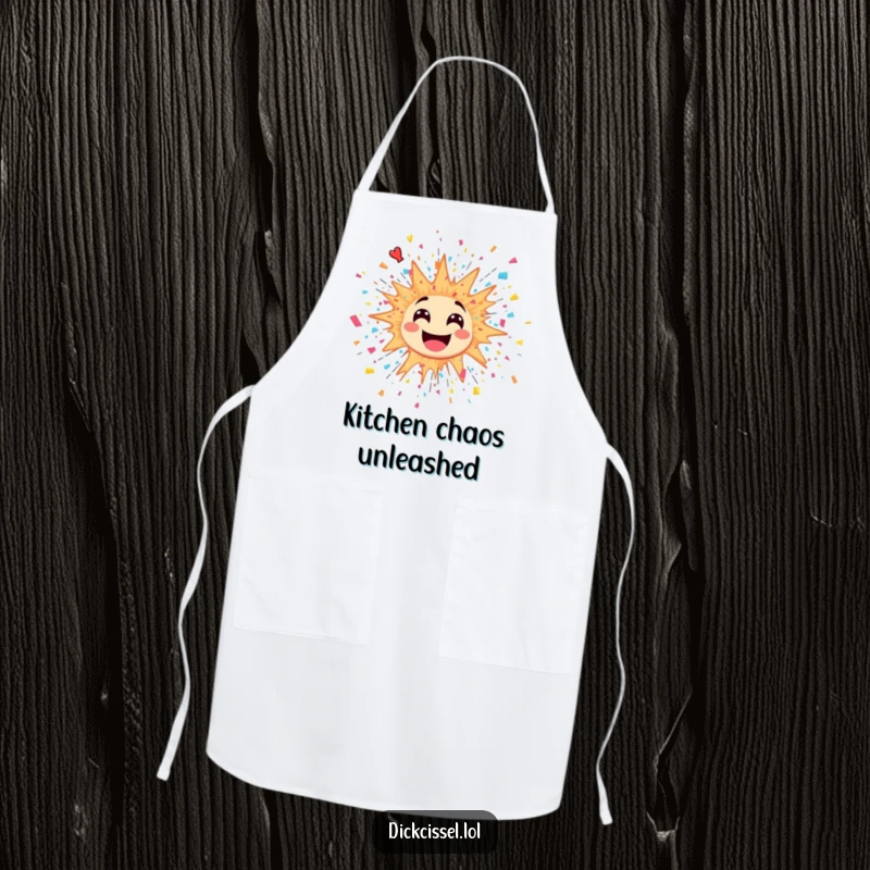 Funny apron featuring a sticker of a lively explosion with confetti and streamers bursting, perfect for festive cooking.