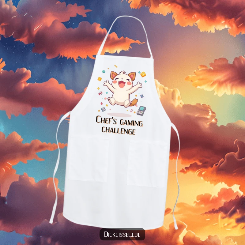 Funny creature jumping excitedly for joy, surrounded by game icons, on a functional apron, bringing gaming fun to cooking.