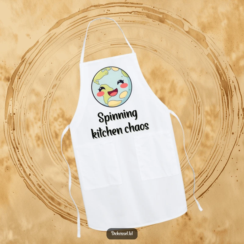 Funny happy planet apron showing a cheerful planet doing a playful spin, ideal for kitchen fun.