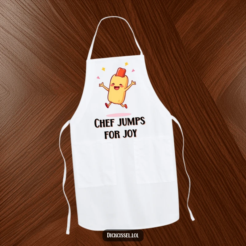 Funny cooking apron with a smiling hot dog character doing a happy jump, perfect for kitchen parties and culinary fun, a delightful funny gift.