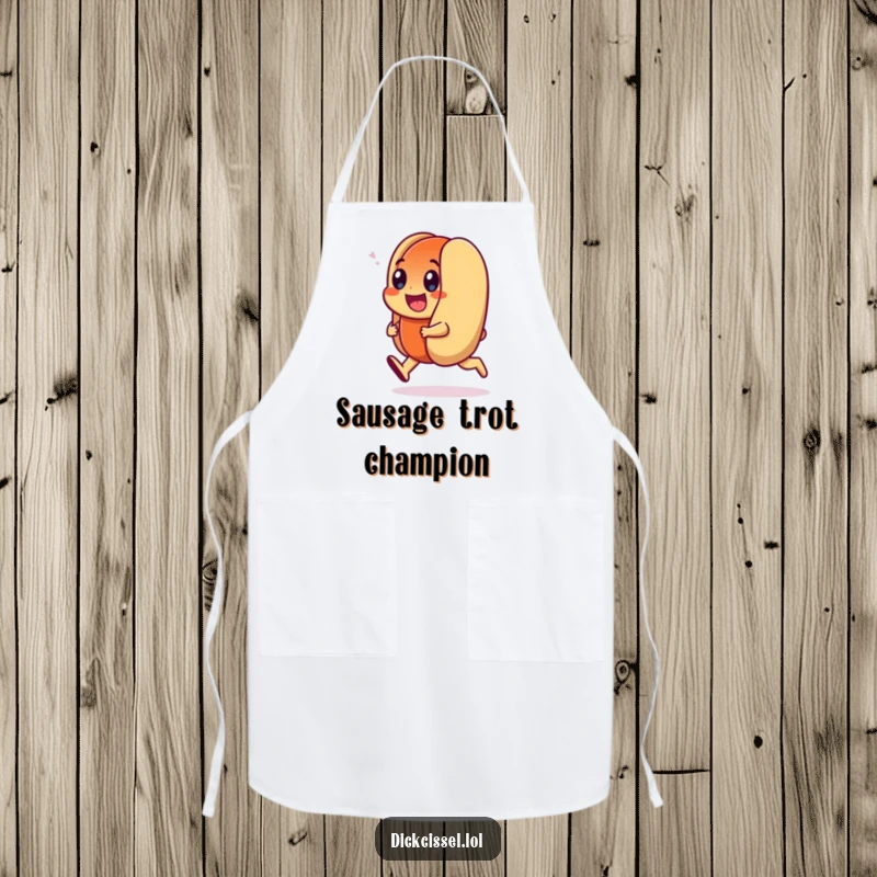 Funny Apron showcasing a smiling hot dog character doing a happy trot, perfect for adding playful humor to cooking and grilling.