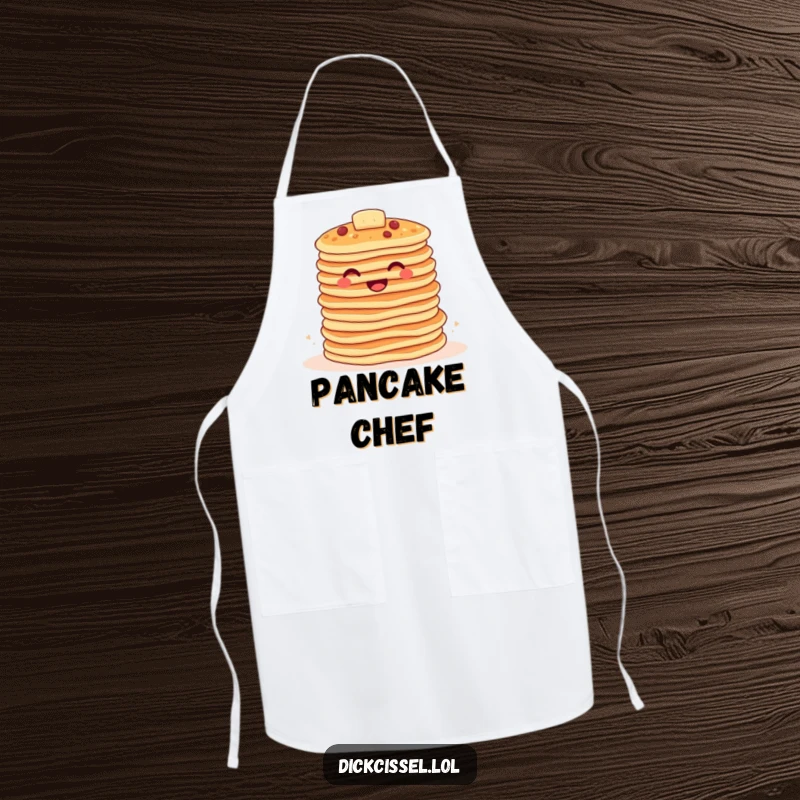 Funny pancake apron depicting a stack of happy pancakes bouncing together, ideal for cooks who love breakfast and humor.