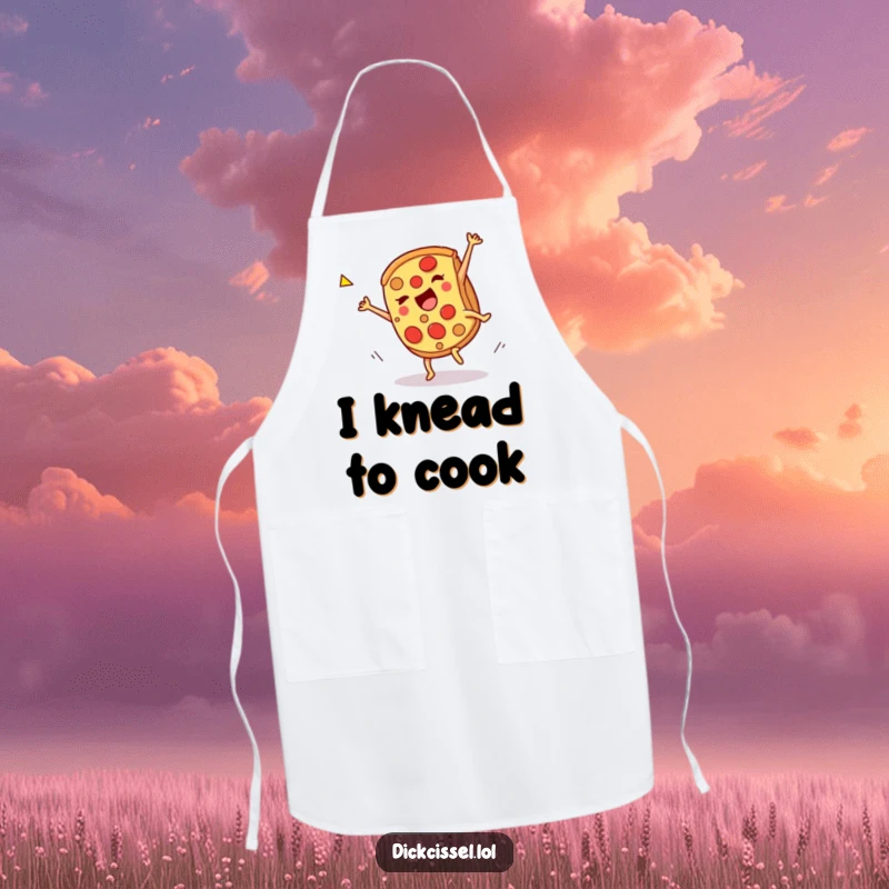 Funny pizza party apron, a slice doing a celebratory spin, ideal for festive cooking. A humorous and practical kitchen accessory.