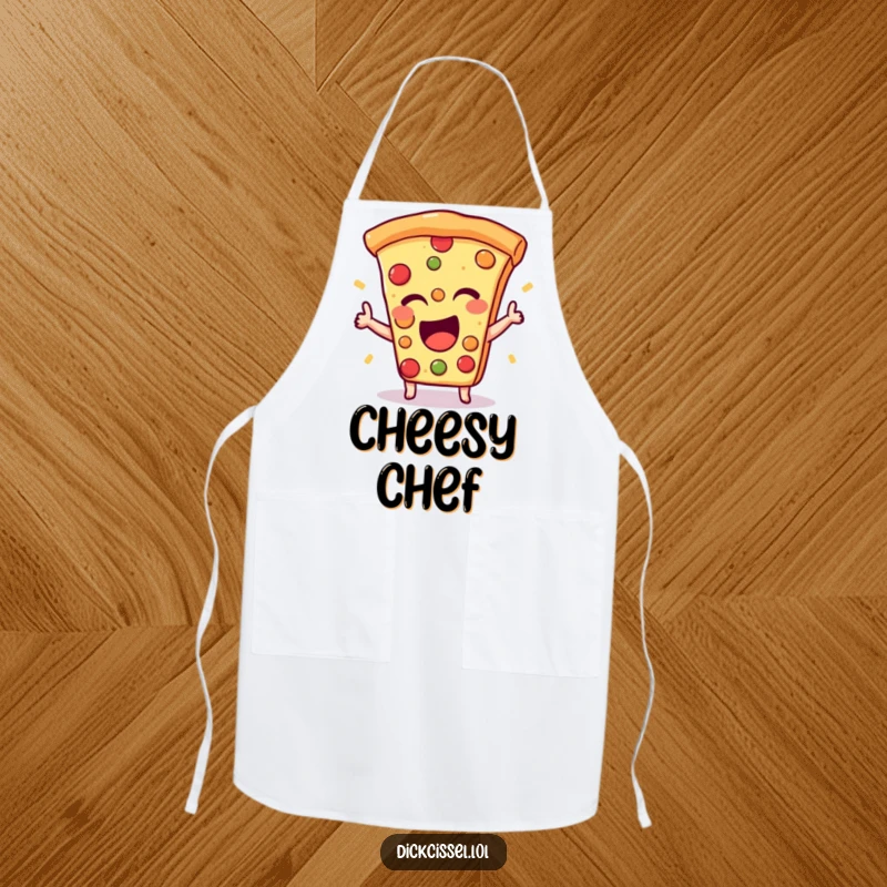 Funny apron with an excited pizza slice giving a happy wink, ideal for kitchen fun and style.