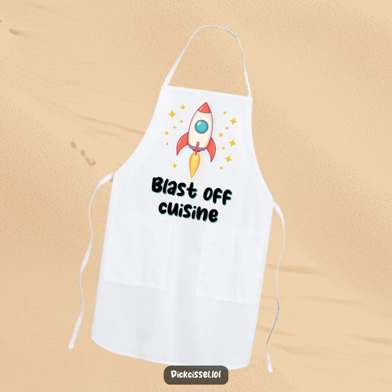 Funny rocket apron featuring a rocket blasting off with a trail of stars, perfect for kitchen missions.