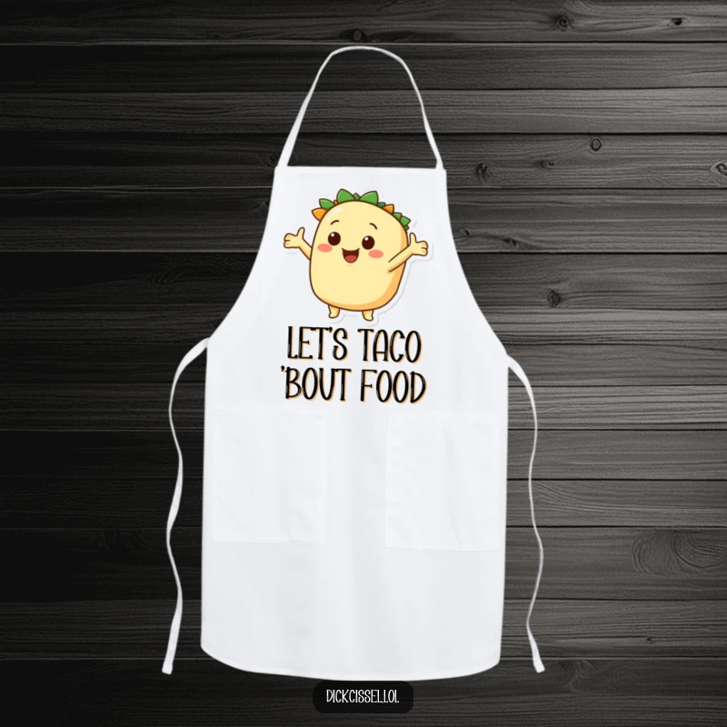 Funny taco fiesta apron, smiling character with inviting arms, ideal for festive cooking. A humorous and practical kitchen accessory.