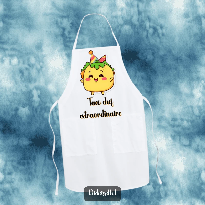 Funny taco character apron with a party hat, celebrating joyfully, perfect for a festive chef.