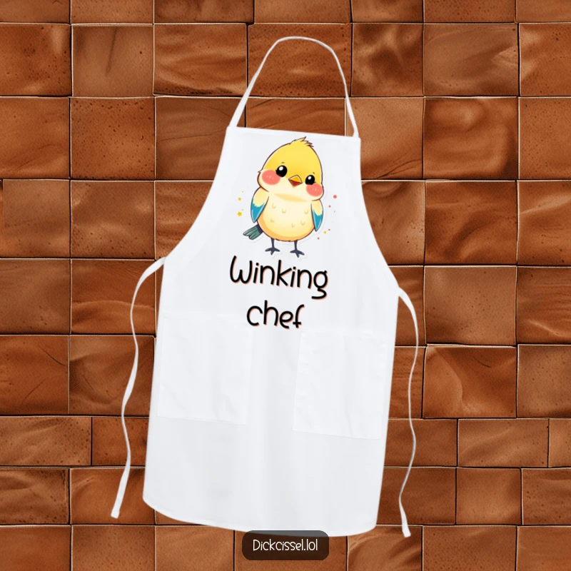 Funny apron showcasing a colorful dickcissel bird shape with a bright splash of color, playfully winking.