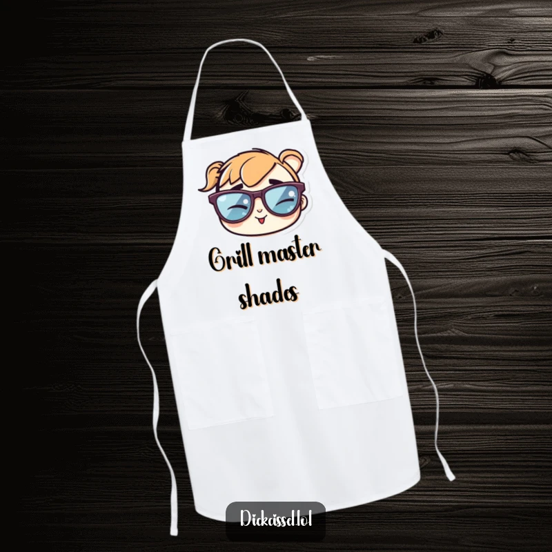Funny apron featuring a sticker of cool sunglasses winking cheekily, perfect for adding flair to kitchen activities.