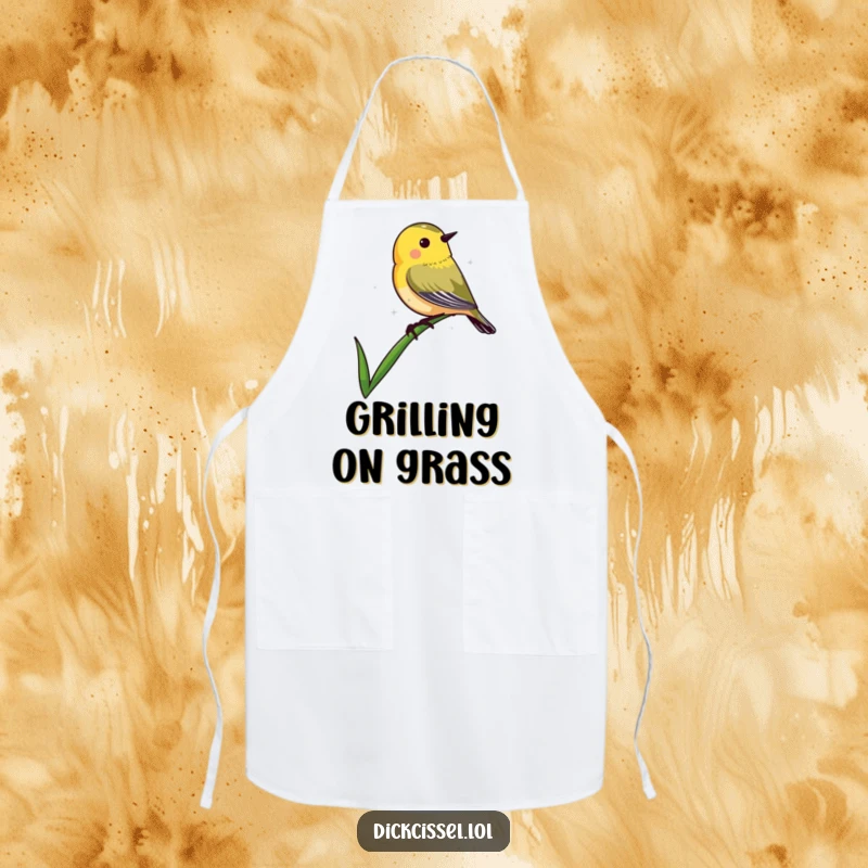 Funny apron featuring a dickcissel bird shape delicately balanced on the tip of a blade of grass, for kitchen use.