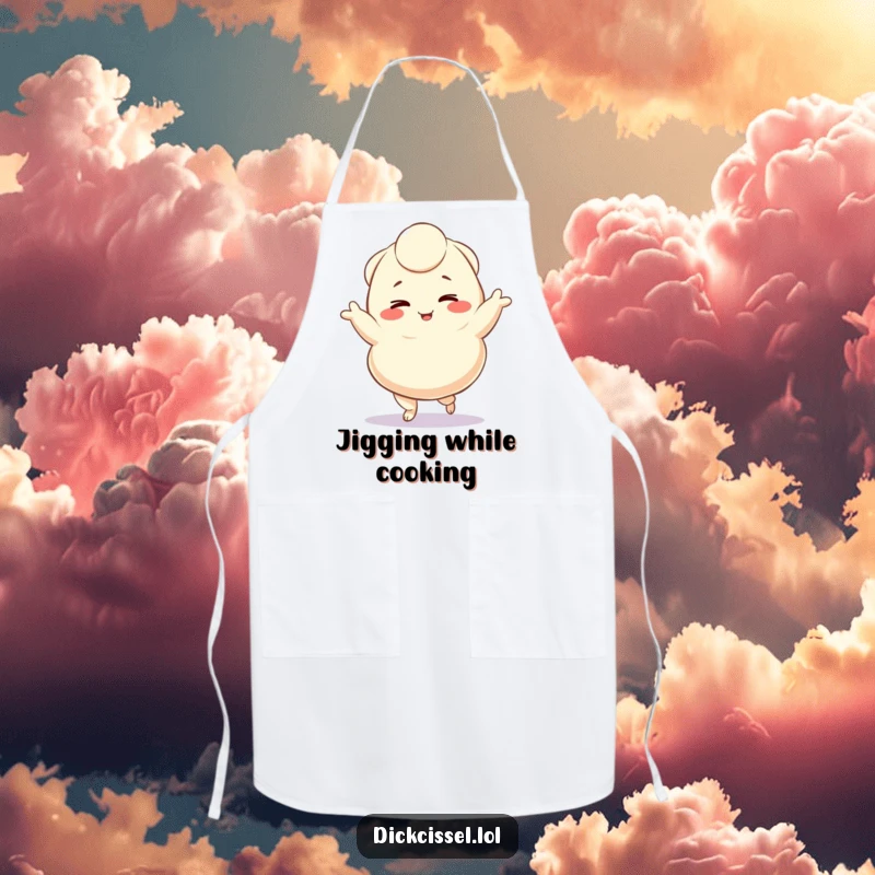 Funny cooking apron with a winking dumpling character doing a delightful jig, perfect for kitchen fun and playful cooking, a delightful funny gift.