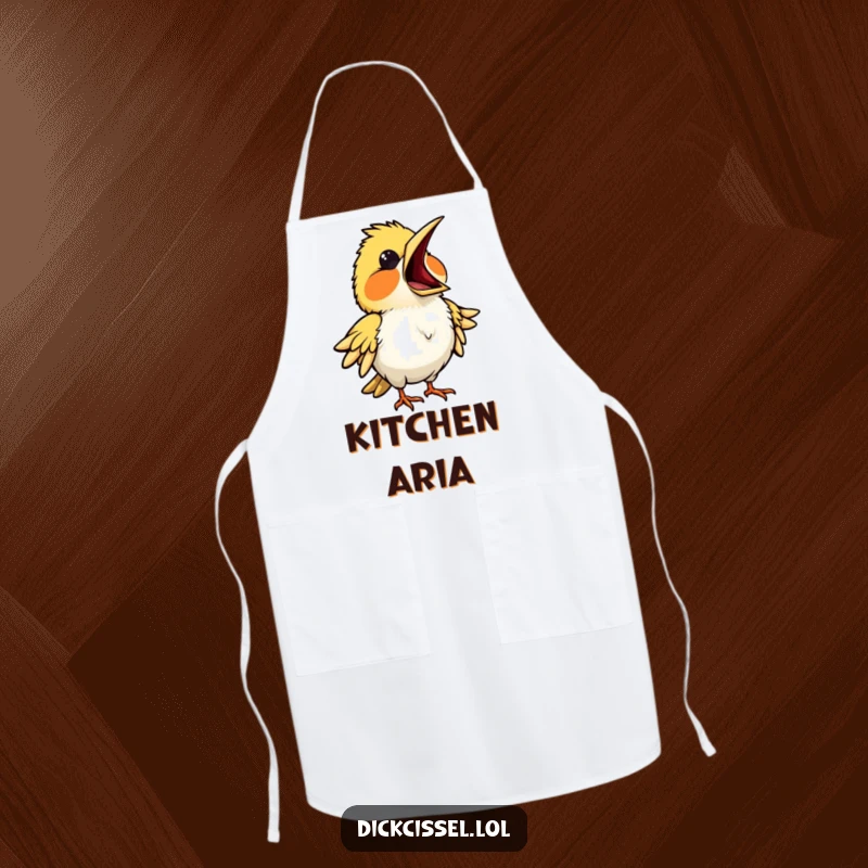 Funny apron with a bird singing opera, beak wide open, ready for culinary drama. Cooking accessory.