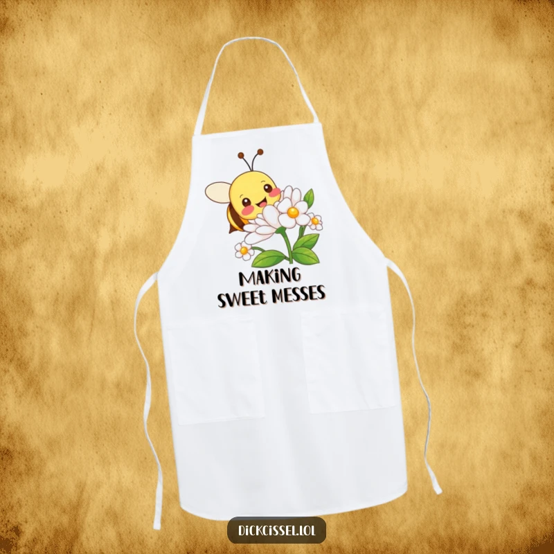 Funny apron adorned with a cheerful bee character joyfully buzzing around a lovely flower, perfect for kitchen fun.