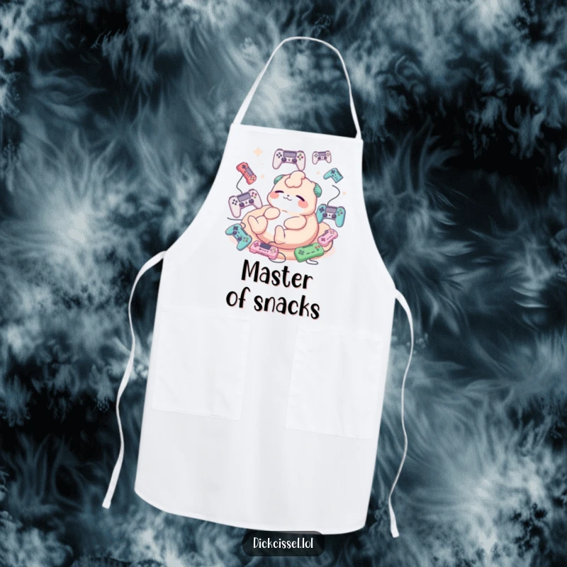 Funny cooking apron showing a creature happily lounging, surrounded by floating game controllers.