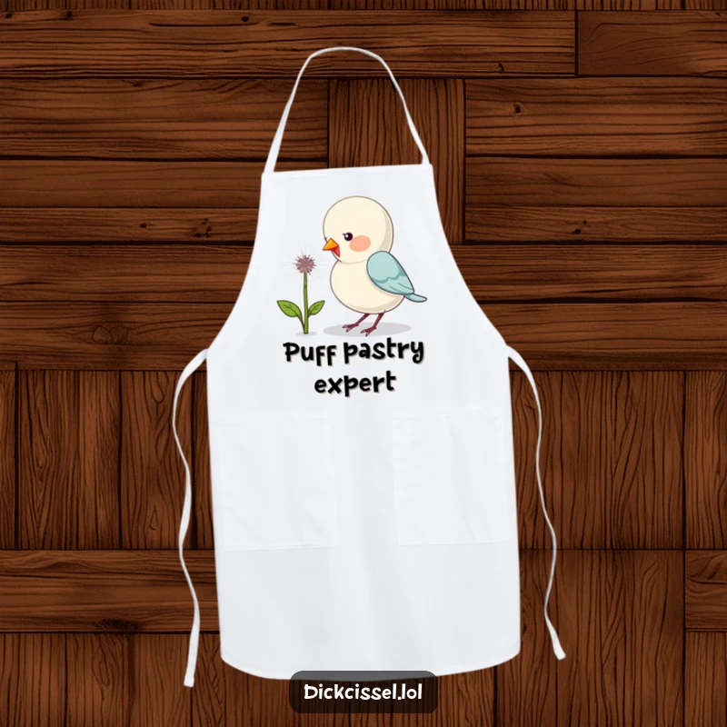 Funny apron with a cute bird humorously pecking a dandelion, adding a cheerful touch to kitchen tasks.