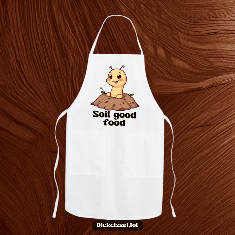 Funny kitchen apron with a mischievous worm character peeking out from a soil design, perfect for garden cooking.