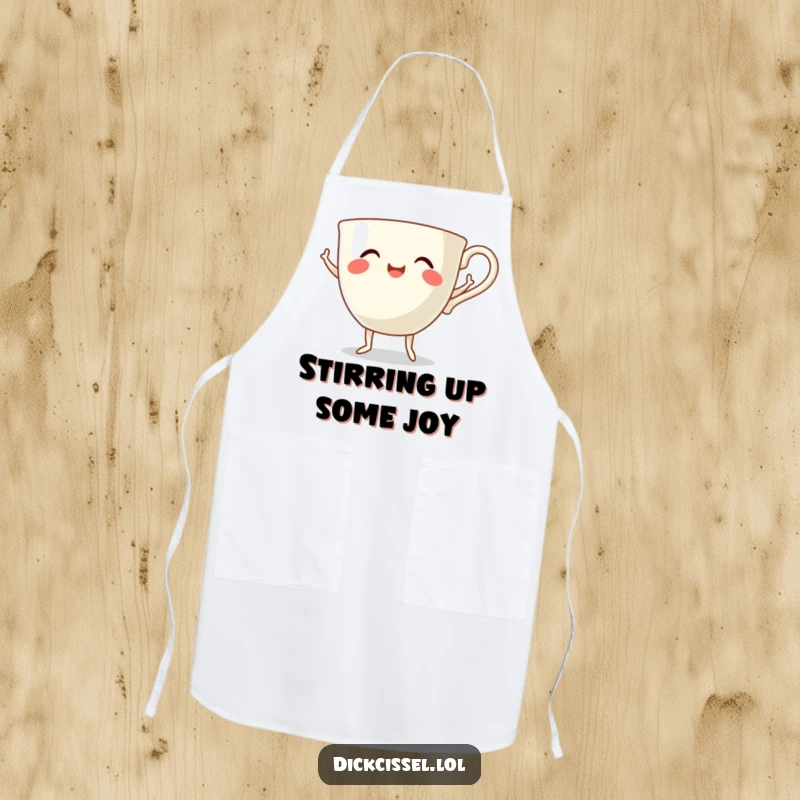 Funny dancing teacup apron showing a smiling teacup with tiny legs doing a happy dance, perfect for a cheerful cook.