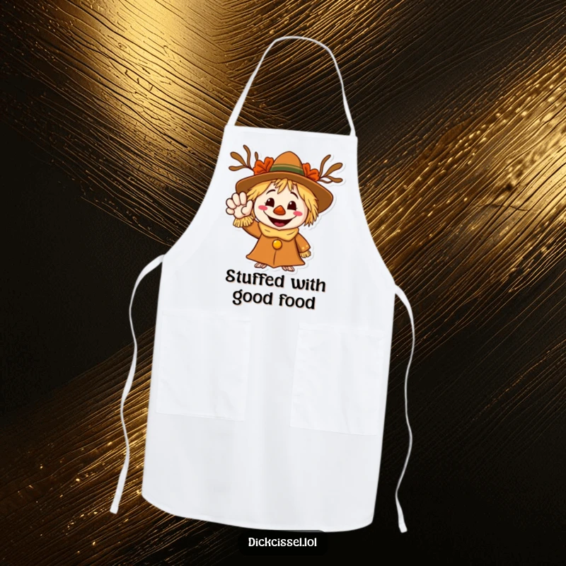 Funny kitchen apron with a grinning scarecrow character waving a friendly hand, perfect for autumn cooking.
