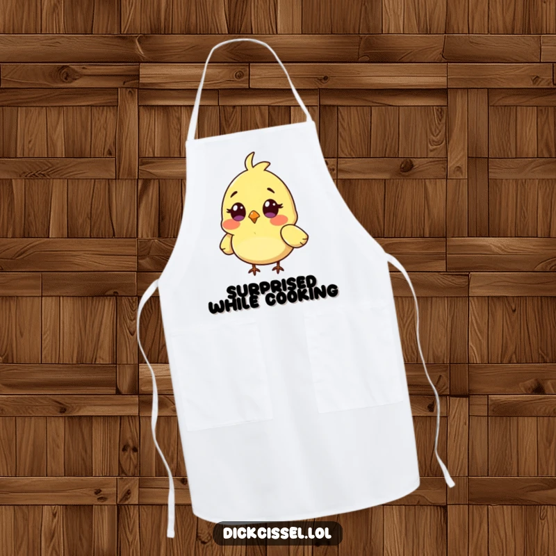 Funny apron featuring a tiny bird character looking surprised with its wings slightly askew, ready for kitchen action.