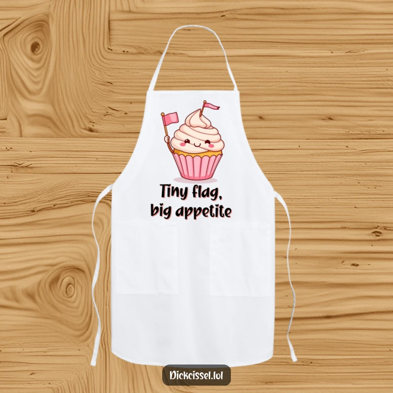 Funny cooking apron with a cute cupcake character enthusiastically waving a flag, perfect for baking and kitchen fun, a delightful funny gift.