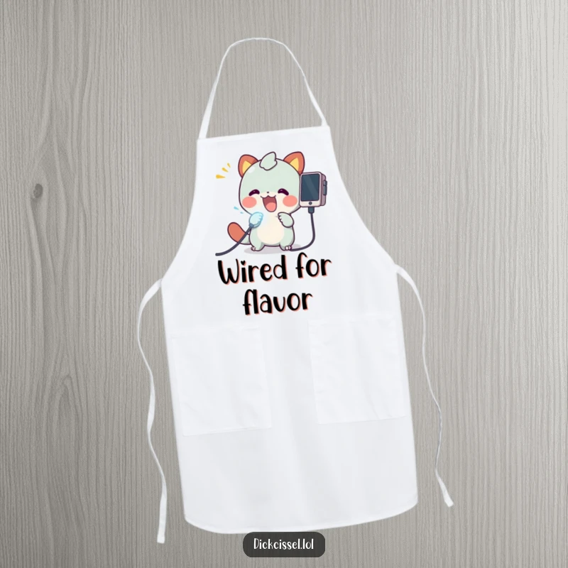 Funny cooking apron showing a creature enthusiastically plugging a glowing cable into a device, ideal for a tech-loving home cook.
