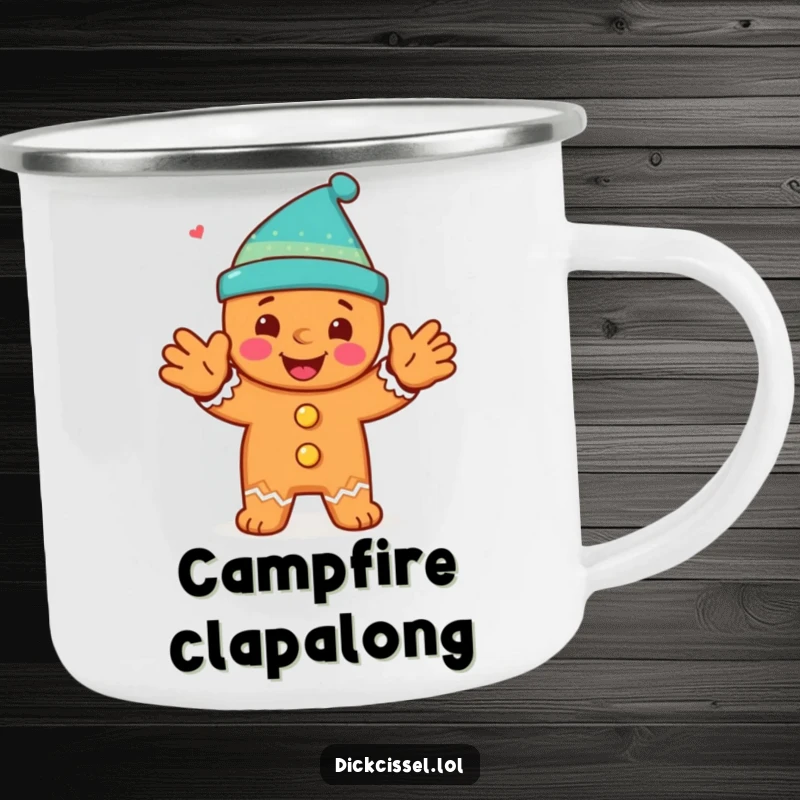Funny camping mug with a happy gingerbread man character doing a festive clap, perfect for outdoor celebrations.