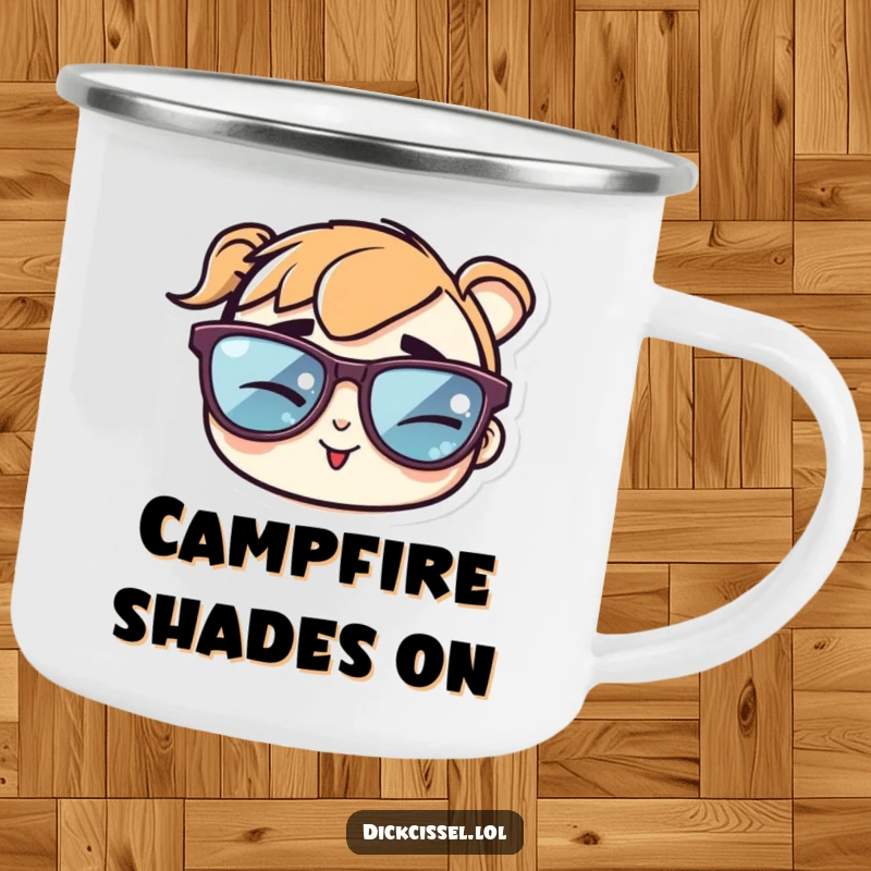 Funny camping mug featuring a sticker of cool sunglasses winking cheekily, perfect for outdoor adventures.