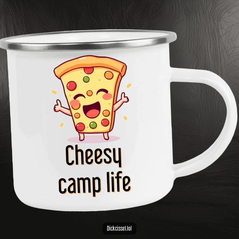Funny camping mug with an excited pizza slice giving a happy wink, perfect for outdoor enjoyment.