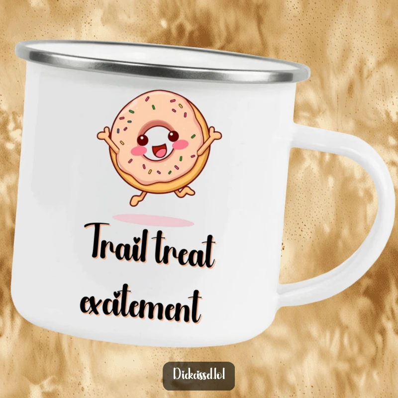 Funny cheerful donut camping mug showing a happy donut mid-leap with sprinkles, durable and ready for adventure.