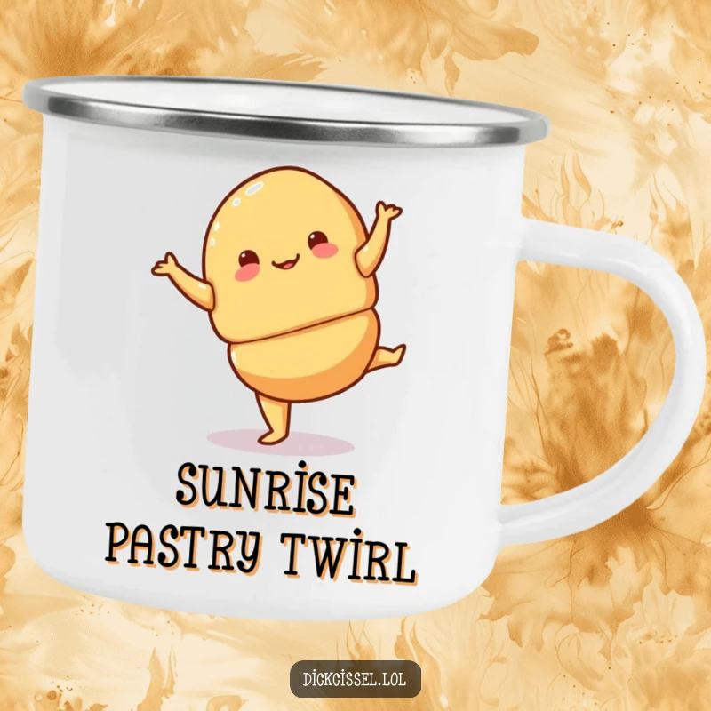 Funny croissant pirouette camping mug showing a playful croissant performing a jaunty pirouette, durable and ready for adventure.