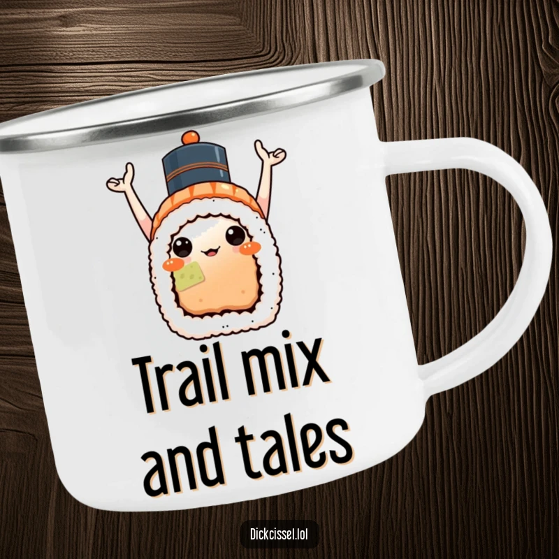Funny sushi celebration camping mug with a sushi roll wearing a hat and arms raised in a joyful pose, rugged and fun.