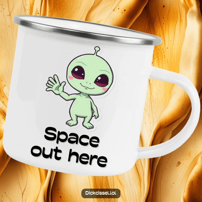 Funny Camping Mug featuring a mischievous alien giving a funny wave, perfect for outdoor drinks with a humorous, cosmic flair.