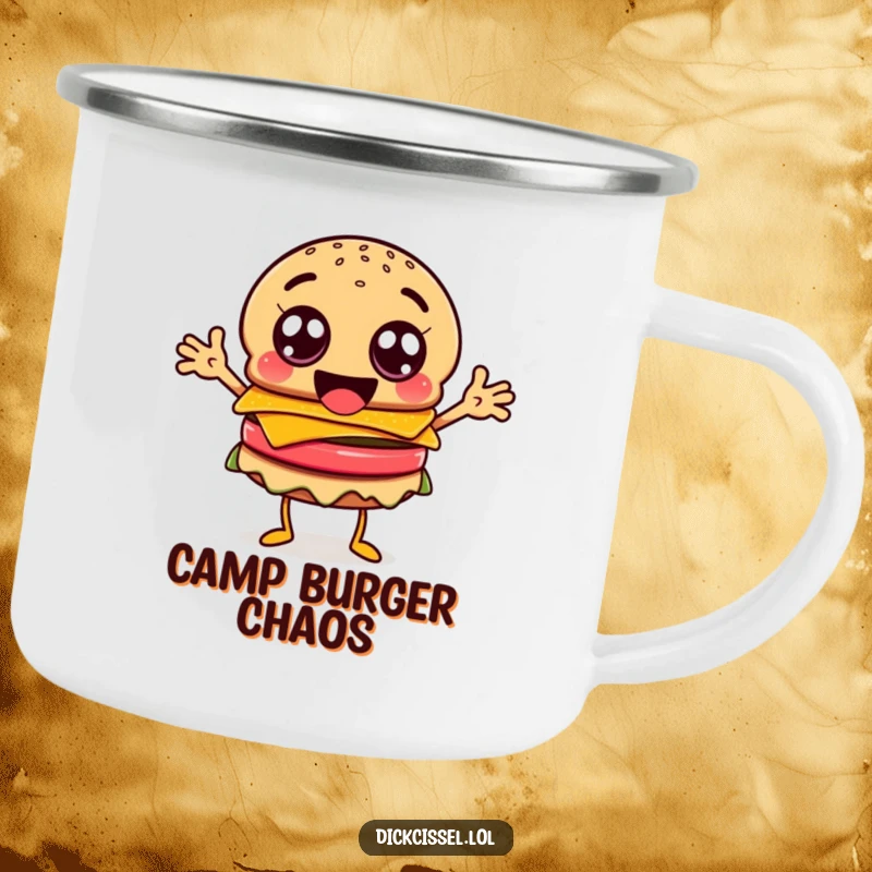 Funny happy burger character camping mug, with googly eyes and flailing arms, for outdoor fun.
