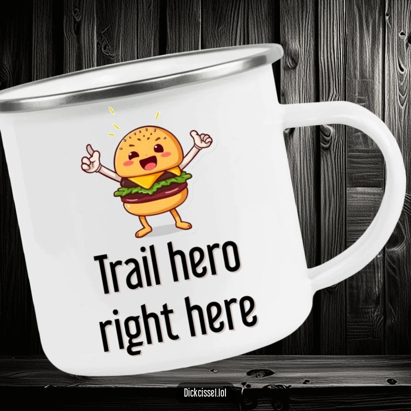 Funny enamel camping mug with a beaming burger character in a heroic pose, perfect for outdoor enthusiasts and heroes, an excellent funny gift.